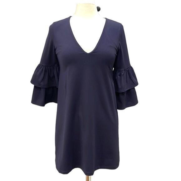 NWT Susana Monaco Navy Stretch V Neck 3/4 Sleeve Ruffle Bell Sleeve Dress - Picture 1 of 5
